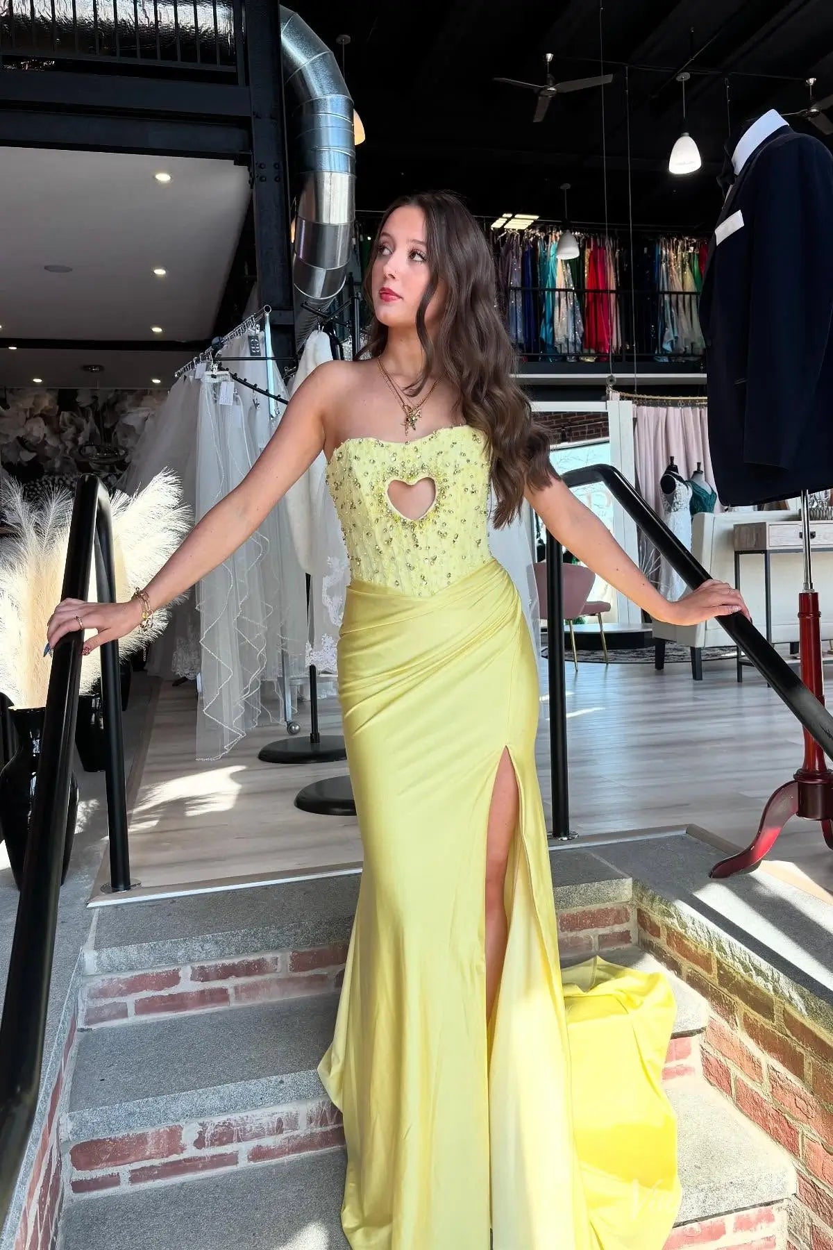 Yellow Beaded Heart Cutout Corset Prom Dress with Lace-Up Back & High Slit – SS201-prom dresses 2026-Viniodress-Yellow-Custom Size-