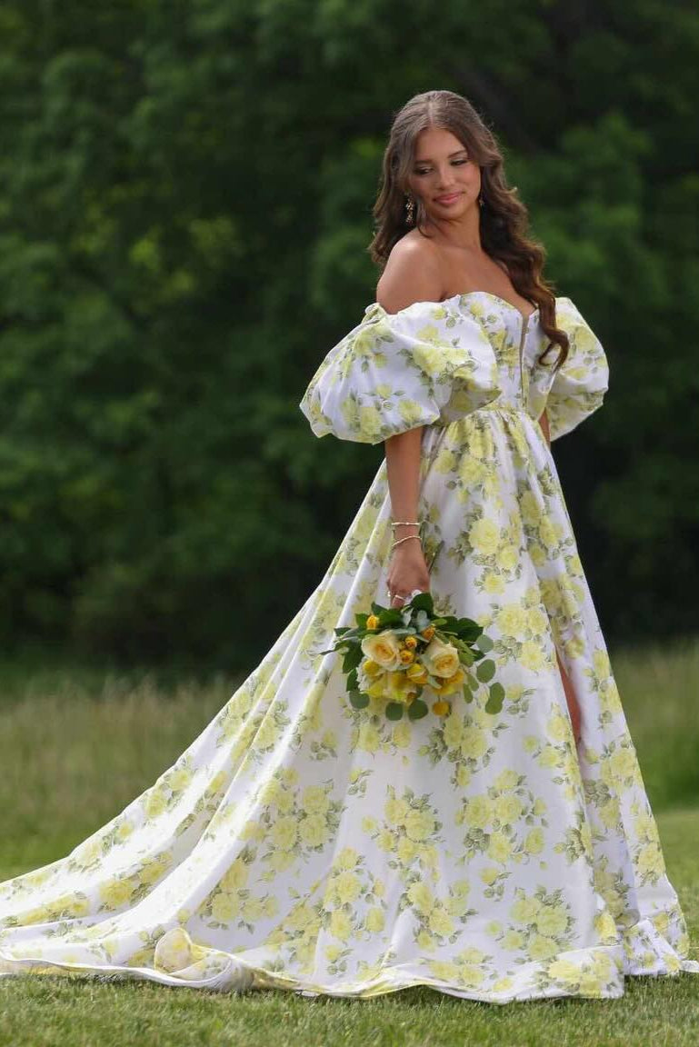 Yellow Floral Puff Sleeve Prom Dress with Slit FD6119 Viniodress Yellow Floral Puff Sleeve Prom Dress with Slit FD6119 Viniodress