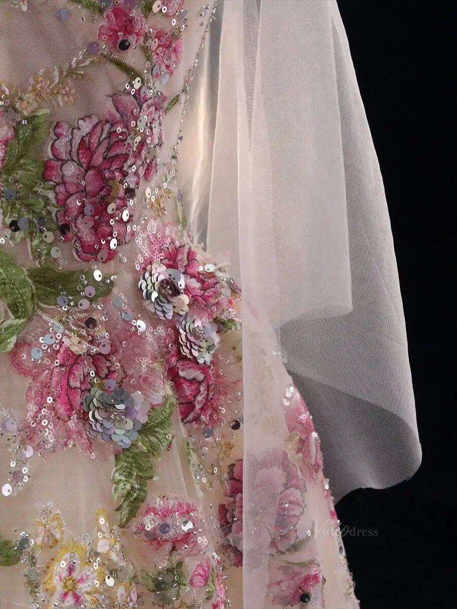 Yellow Floral Tulle Prom Dresses with V-Neck, Sparkly Lace, Boat Neck, Formal Dresses SU043-prom dresses 2025 -Viniodress-Yellow-Custom Size-