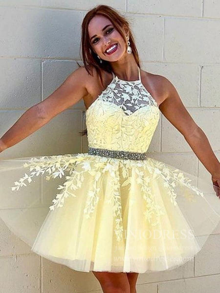 A Line Halter Neck Backless Lace Yellow Short Prom Dresses Homecoming –  abcprom