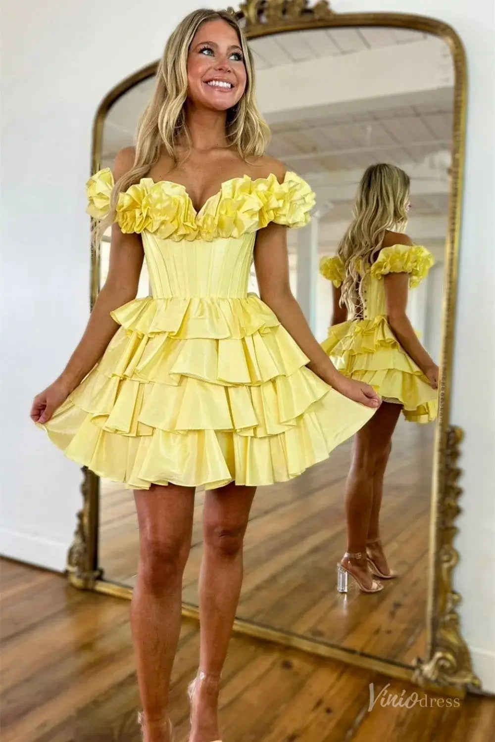 Yellow Ruffle Off-Shoulder Homecoming Dress with Corset Bodice H1150 Viniodress Yellow Ruffle Off-Shoulder Homecoming Dress with Corset Bodice H1150 Viniodress