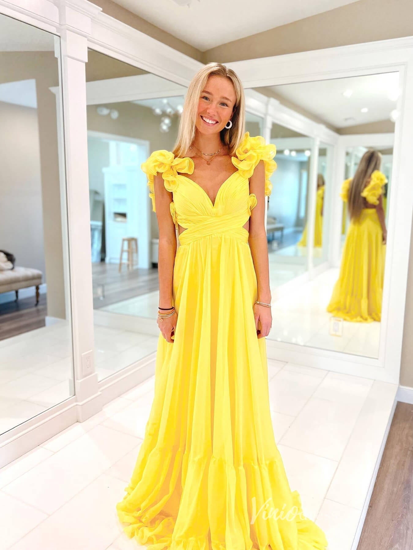 Yellow Pleated Chiffon Prom Dresses Crossed Tiered Strap FD3692 Viniodress Yellow Pleated Chiffon Prom Dresses Crossed Tiered Strap FD3692 Viniodress