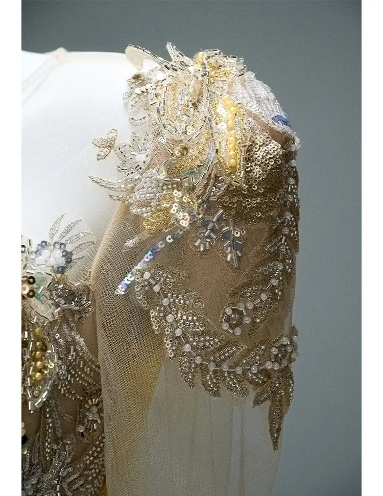 Yellow Satin Formal Gown with Slit, Beaded Lace & Sheer Long Sleeves - CQ0104-Couture Gown 2025 -Viniodress-Yellow-Custom Size-