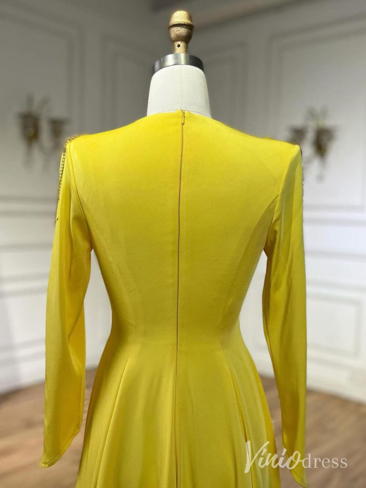 Yellow Satin Long Sleeve Prom Dresses Beaded Lace V-Neck Mother of the Bride Dress AD1241-Evening Dresses 2025 -Viniodress-Yellow-US 2-