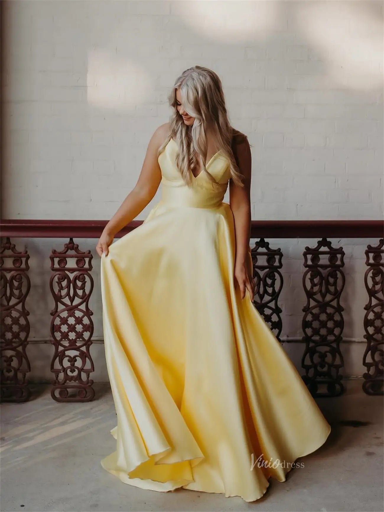 Yellow Satin Prom Dress with Spaghetti Straps & V-Neck - FD6053 Viniodress Yellow Satin Prom Dress with Spaghetti Straps & V-Neck - FD6053 Viniodress