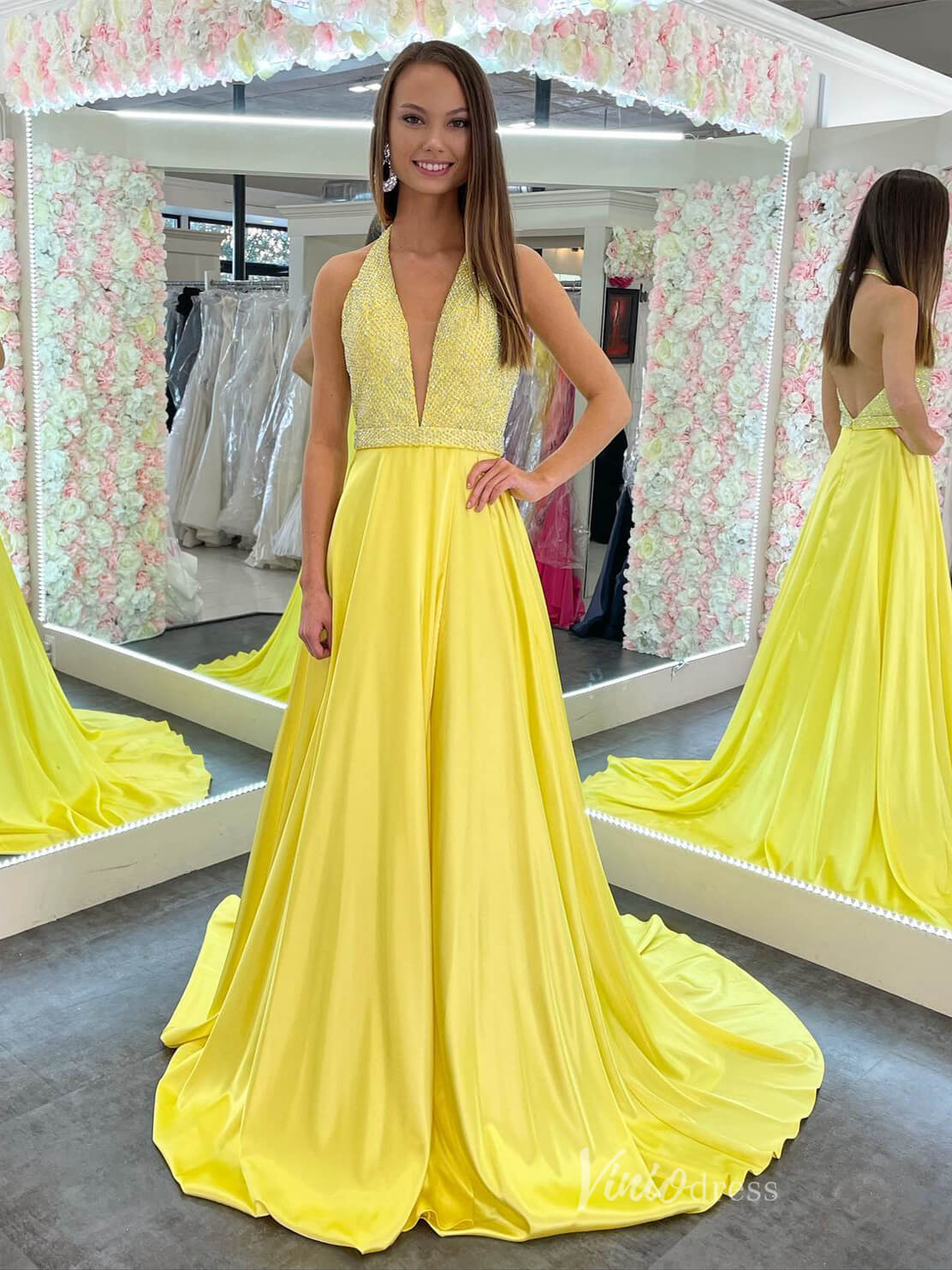 Yellow Satin Prom Dresses Beaded Bodice Plunging V-Neck Formal Gown FD –  Viniodress