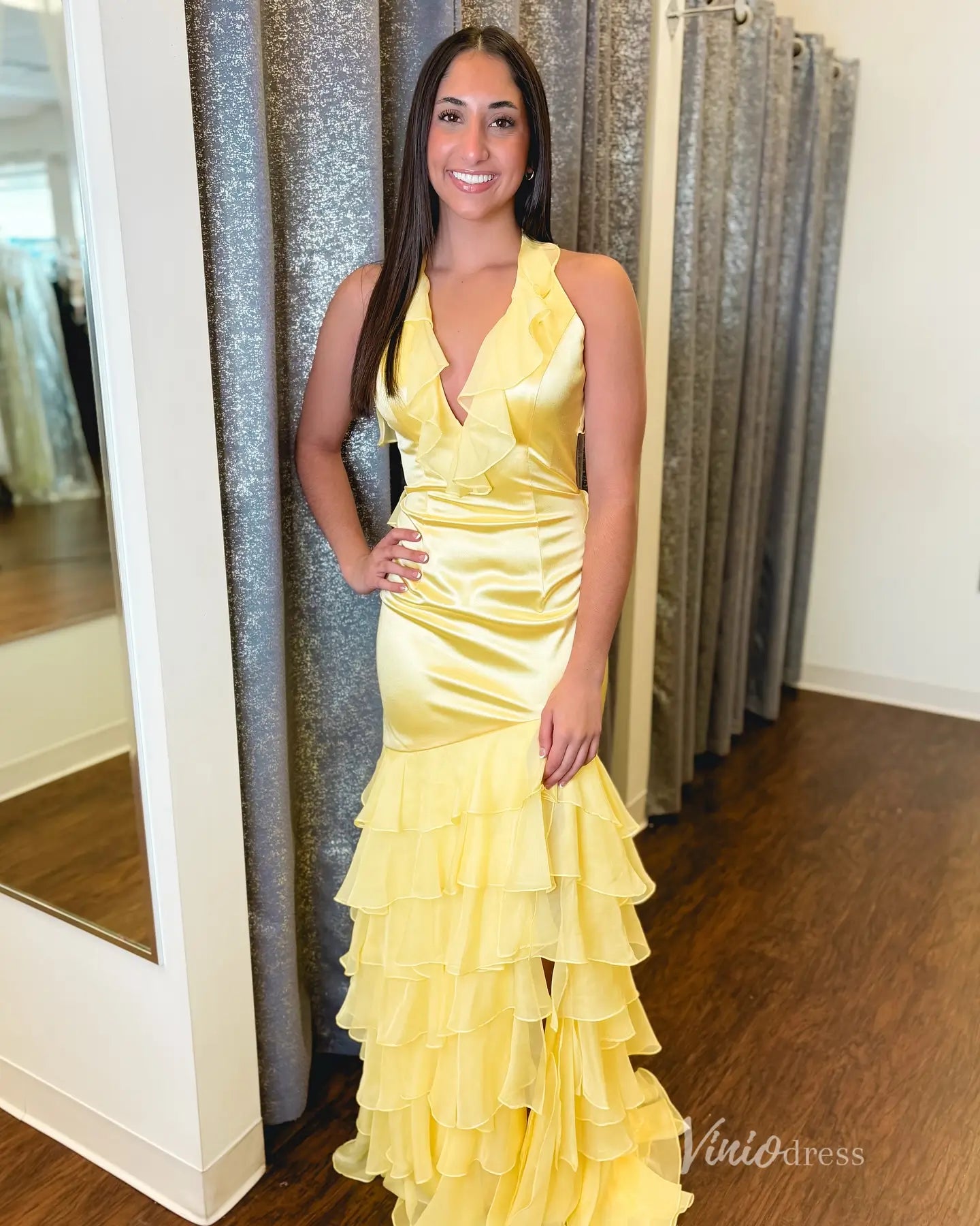 Yellow Satin Ruffle Prom Dress with Plunging Neck and Lace-Up Back FD5198 Viniodress Yellow Satin Ruffle Prom Dress with Plunging Neck and Lace-Up Back FD5198 Viniodress