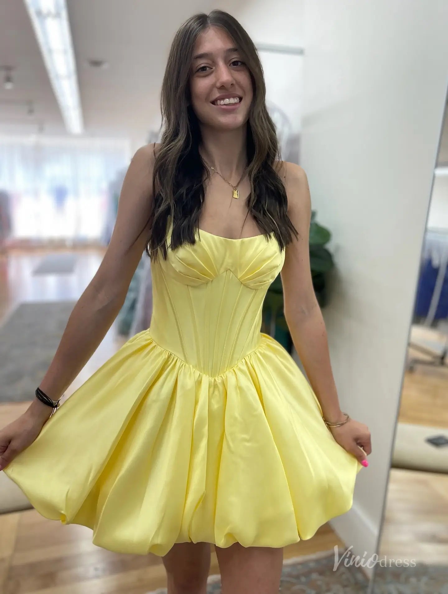 Yellow Satin Strapless Homecoming Dress with Corset Bodice & Bubble Sk Viniodress Yellow Satin Strapless Homecoming Dress with Corset Bodice & Bubble Sk Viniodress