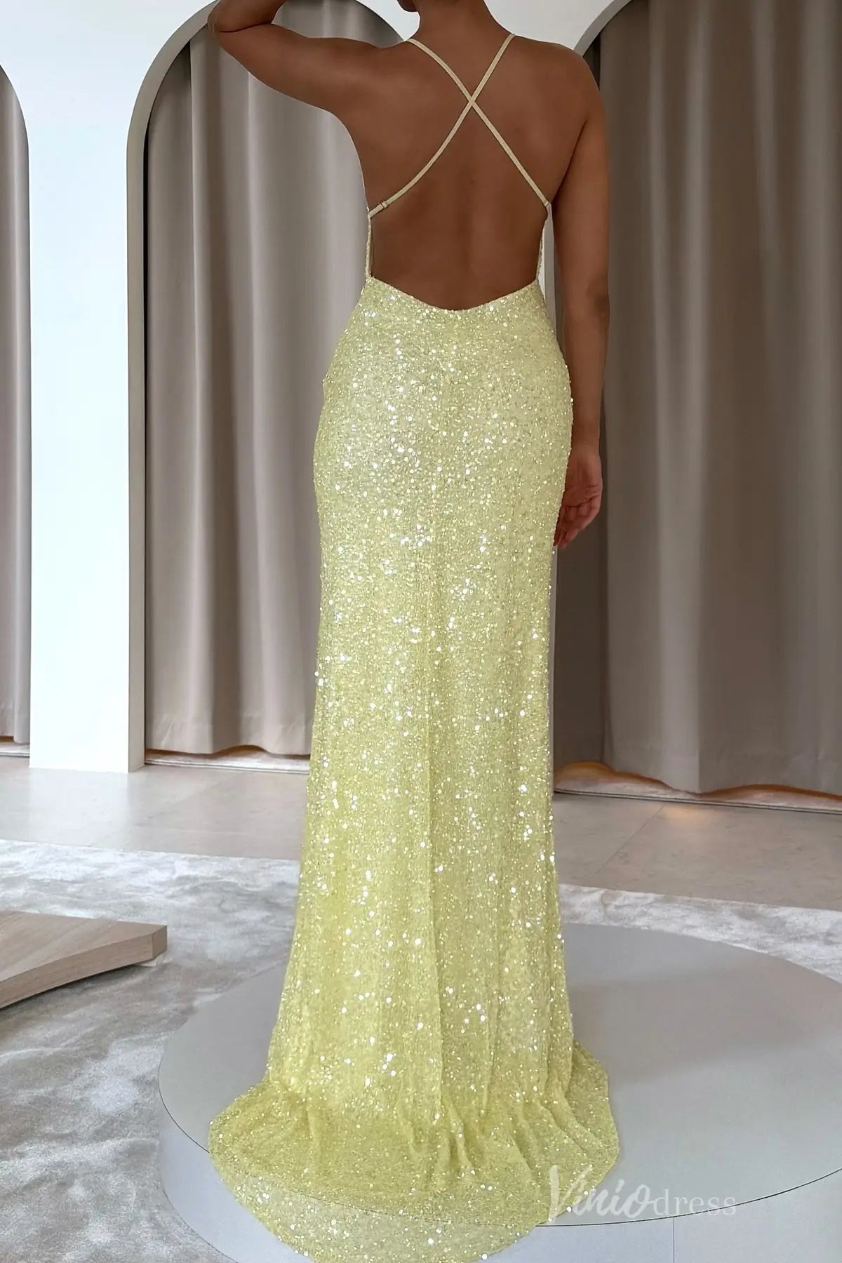 Yellow Sequin Mermaid Prom Dress with Spaghetti Strap, Deep V Neckline, Open Crisscross Back – SS098-prom dresses 2025 -Viniodress-Yellow-Custom Size-