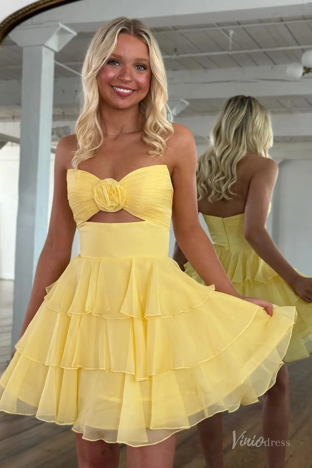 Yellow Strapless Homecoming Dress with Ruched Bodice, Floral Appliqué & Tiered Ruffle Skirt – H1183-Homecoming Dresses 2025 -Viniodress-Yellow-Custom Size-