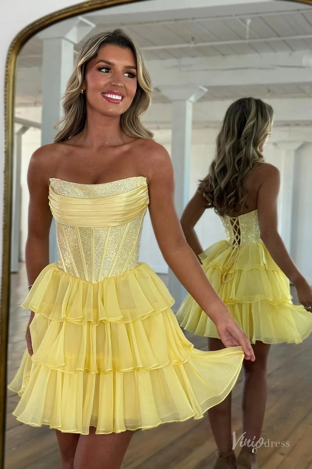 Yellow Strapless Homecoming Dress with Sparkly Corset Bodice, Tiered Ruffle Skirt & Lace-Up Back – H1206-Homecoming Dresses 2025 -Viniodress-Yellow-Custom Size-