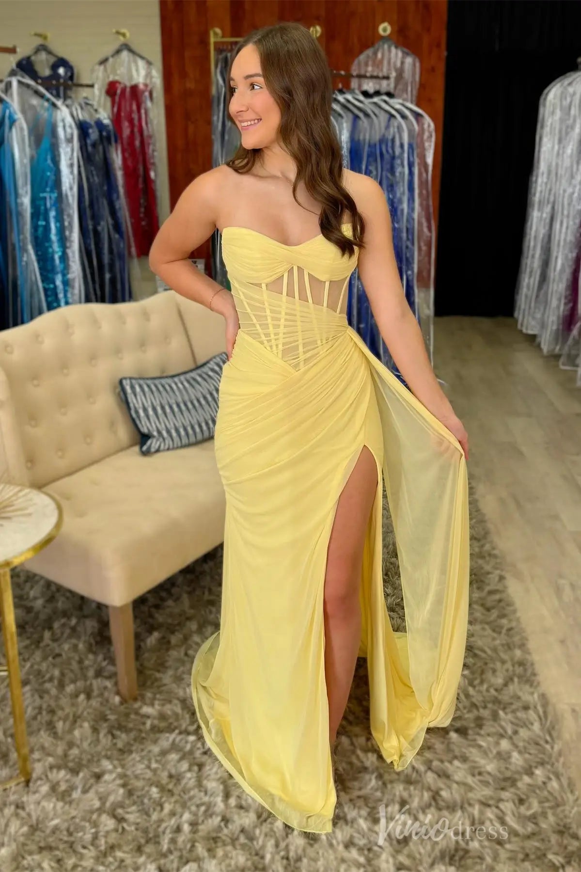 Yellow Strapless Prom Dress with Sheer Corset and Slit – SS079 – Viniodress