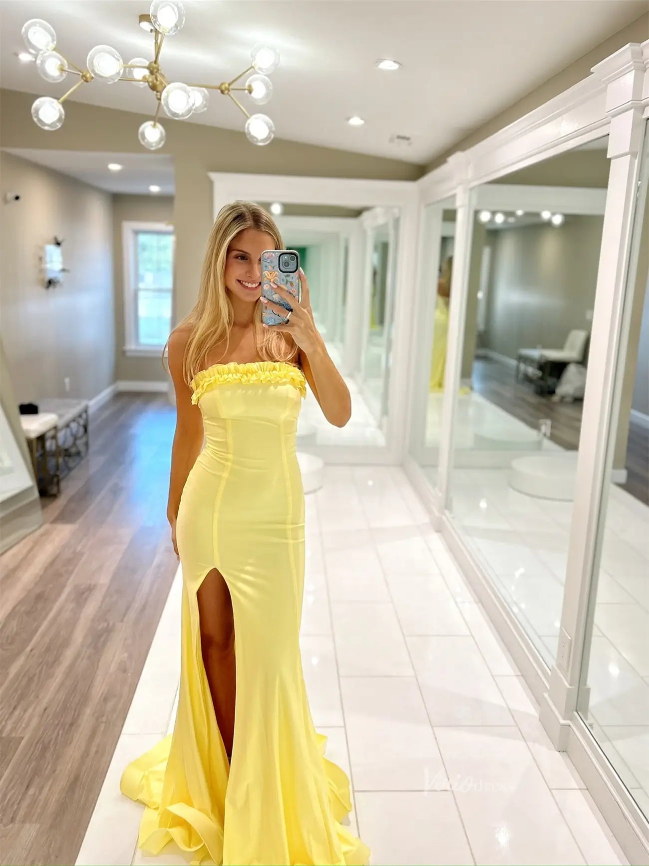 strapless open back dress Yellow Strapless Satin Prom Dresses with Slit & Ruffled Neckline