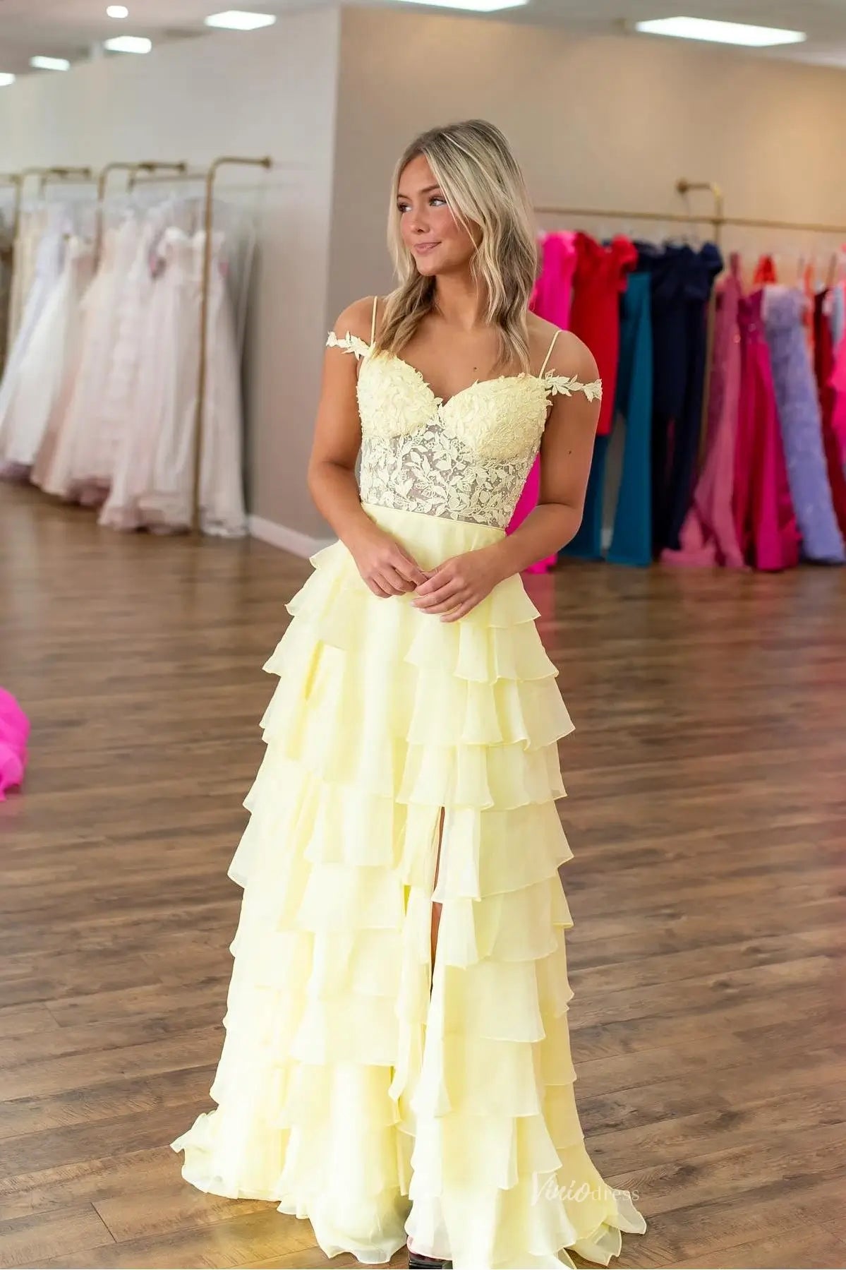 Yellow Tiered Ruffle Chiffon Prom Dress with Slit & Pearled Lace Bodice –  RF043 – Viniodress