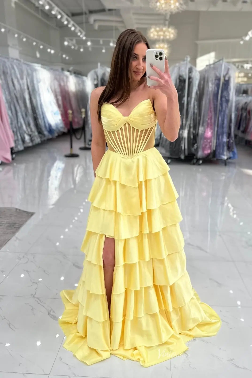 Yellow Tiered Ruffle Prom Dress with Sheer Boned Bodice – RF309 – Viniodress Yellow Tiered Ruffle Prom Dress with Sheer Boned Bodice – RF309 – Viniodress