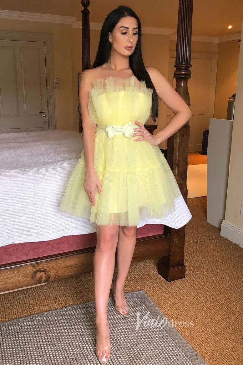 Yellow Tulle Homecoming Dress with Bow in Front SD1086-Homecoming Dresses 2025 -Viniodress-Yellow-Custom Size-