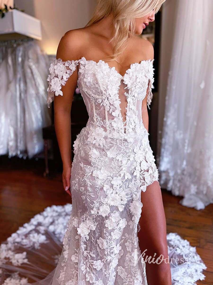 3D Flower Boho Wedding Dress | Off-Shoulder Sheath Gown with High Slit, Basque Waist & Chapel Train VW2115-wedding dresses 2025 -Viniodress-Ivory-Custom Size-
