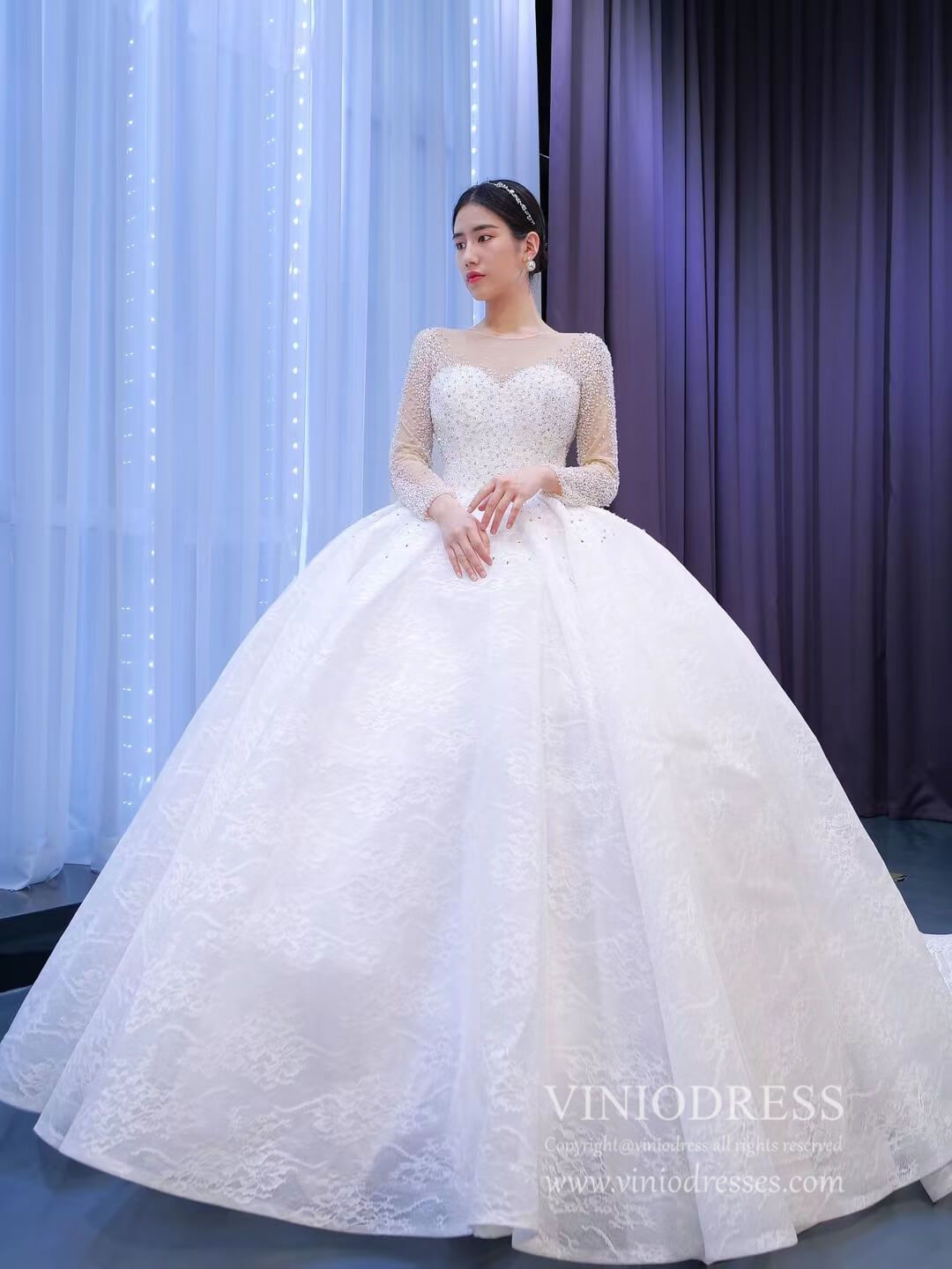Beaded Long Sleeve Lace Wedding Gown White Princess Dress 67293 – Viniodress