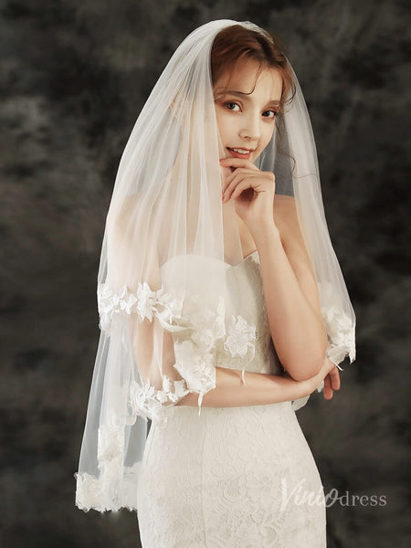 Fingertip Length Bridal Veil Pearls Lace Blusher Veils Viniodress AC1299