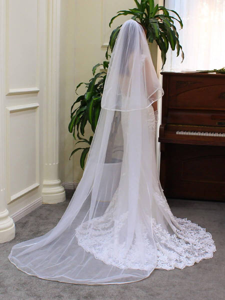 One Blushing Bride Cathedral Drop Veil with French Lace Trim and Blusher in White / Ivory White / 108 inch Cathedral / Without Beading
