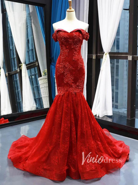Red Lace Prom Dresses Mermaid Off the Shoulder Long Formal Evening  Gowns,MP557