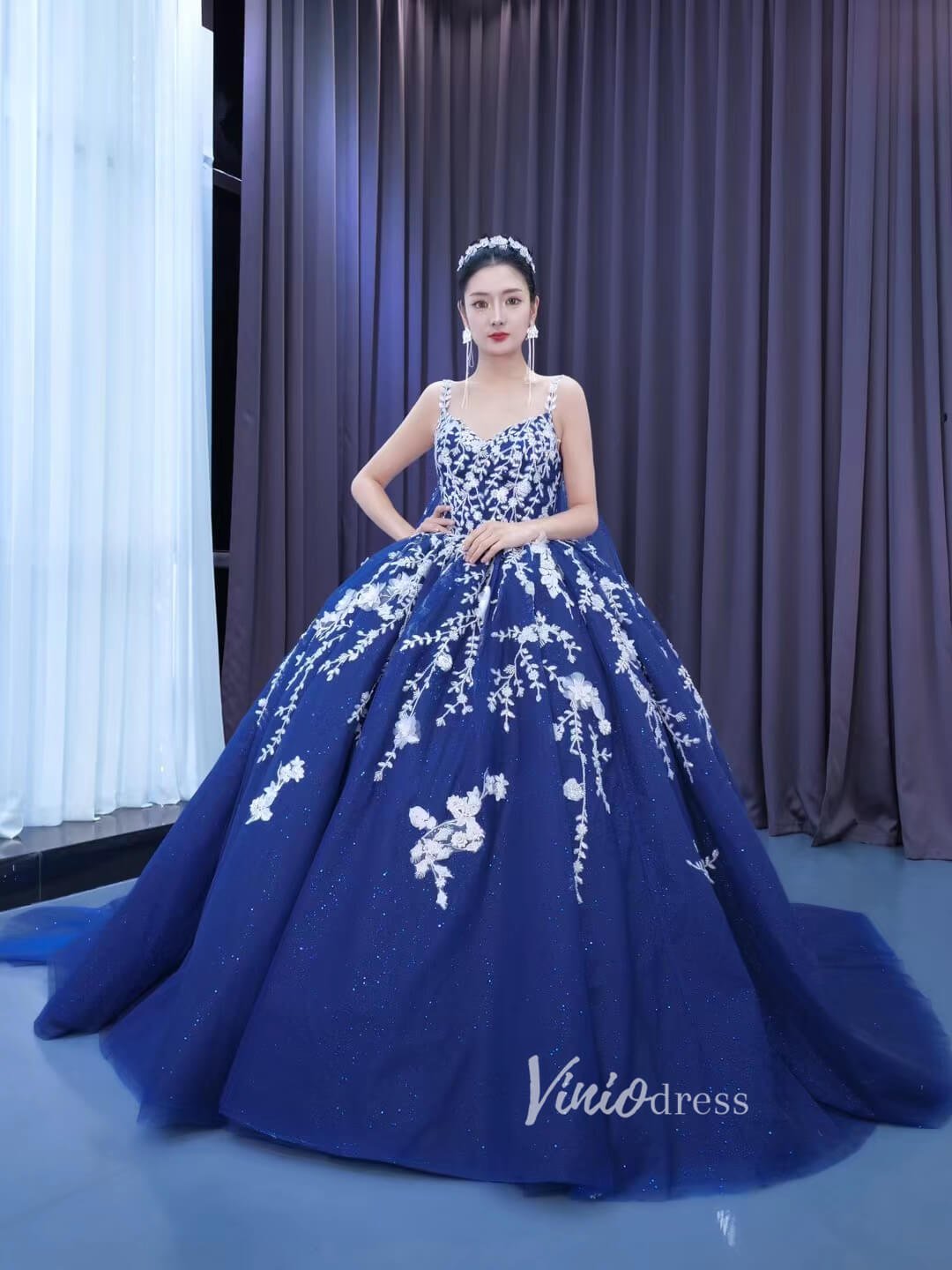 Sparkly Dark Blue Ball Gowns with Cape Debutante Princess Dresses 2222 – Viniodress