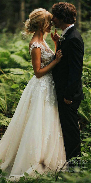 Lace Boho Wedding Dresses with Pockets V Neck Tulle A Line Backless Bridal  Gowns