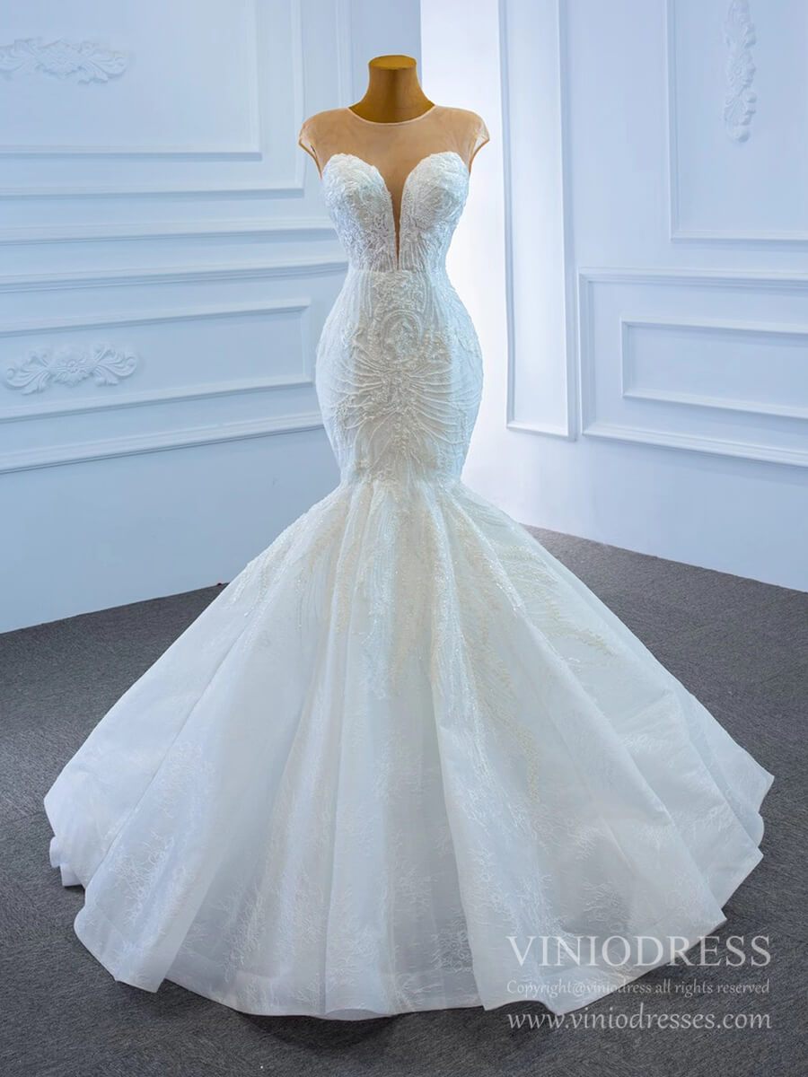 fitted lace wedding dress Beaded Mermaid Lace Wedding Dresses Cap Sleeve Fit and Flare Dress 672 –  Viniodress