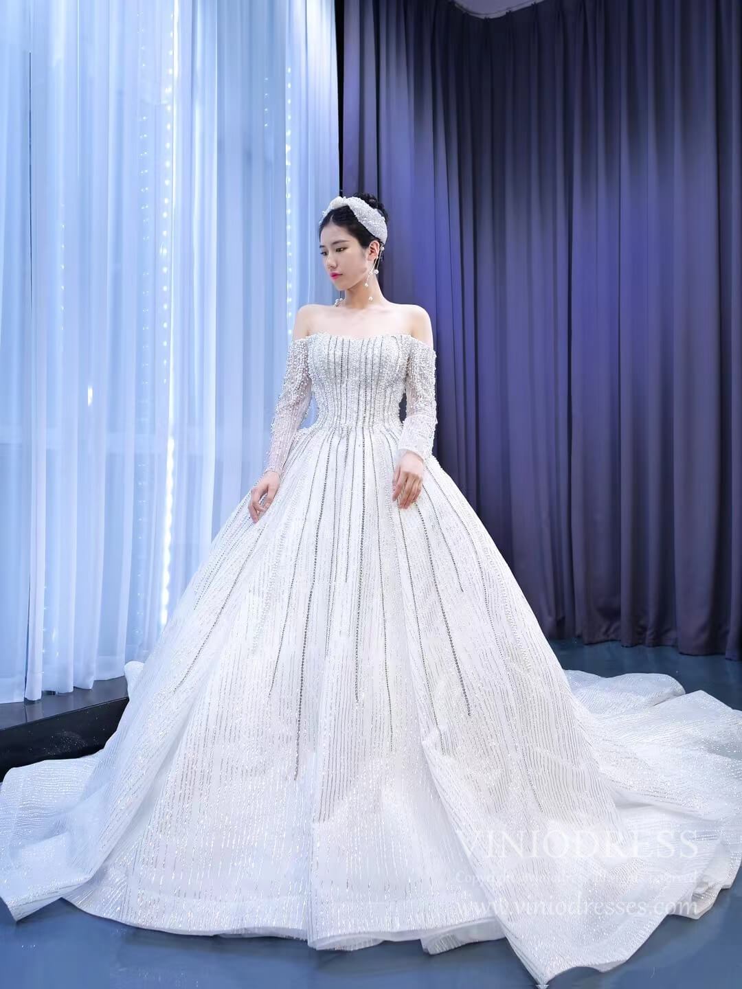 Beaded Off the Shoulder Long Sleeve Wedding Gown VW2036 Viniodress Beaded Off the Shoulder Long Sleeve Wedding Gown VW2036 Viniodress