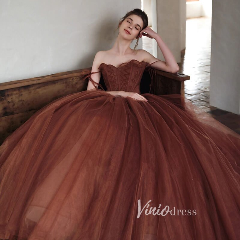 Brown Tulle Ball Gown Vintage Chocolate Quince Dress FD2788-Quinceanera Dresses 2025 -Viniodress-Brown-Custom Size-