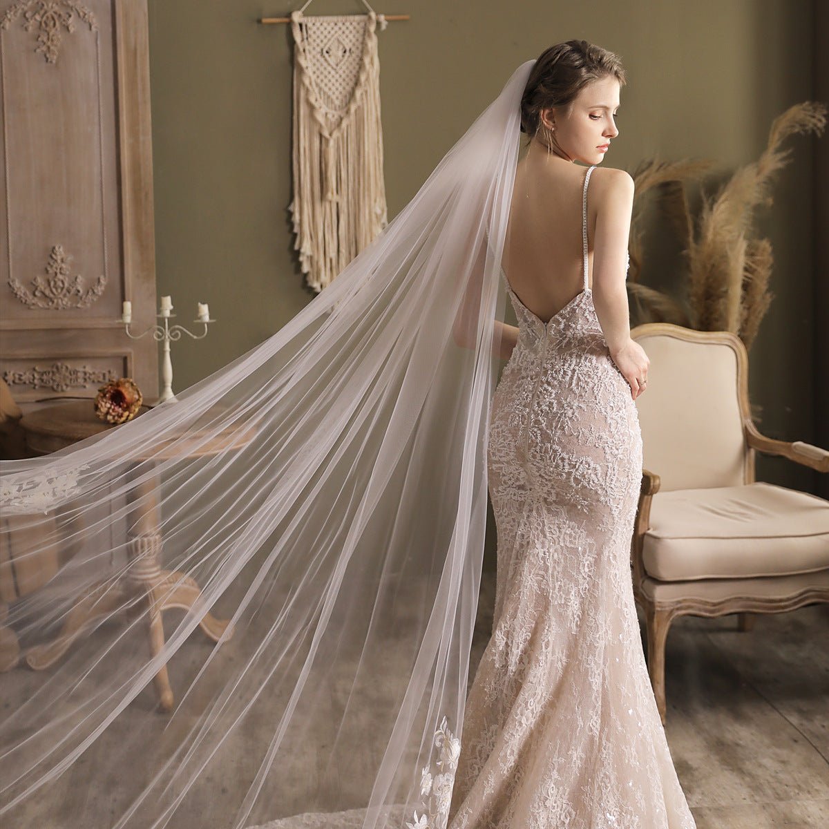 Cathedral Length Bridal Veil Lace Appliqued-Accessories 2025 -Viniodress-Ivory-