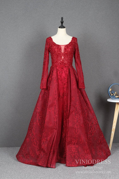 Viniodress Dark Red Lace Prom Dresses Long Sleeve Formal Dress FD2500 As Picture / US 2