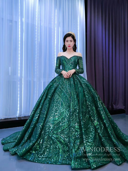 Emerald Green Sequin Lace Ball Gown Long Sleeve Wedding Dress 67368  viniodress