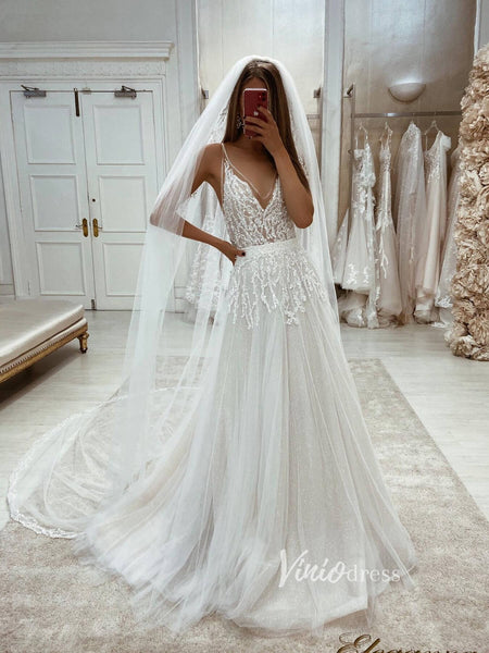 Glittery A-line V-neck Wedding Dresses Beaded Bodice VW2064 – Viniodress