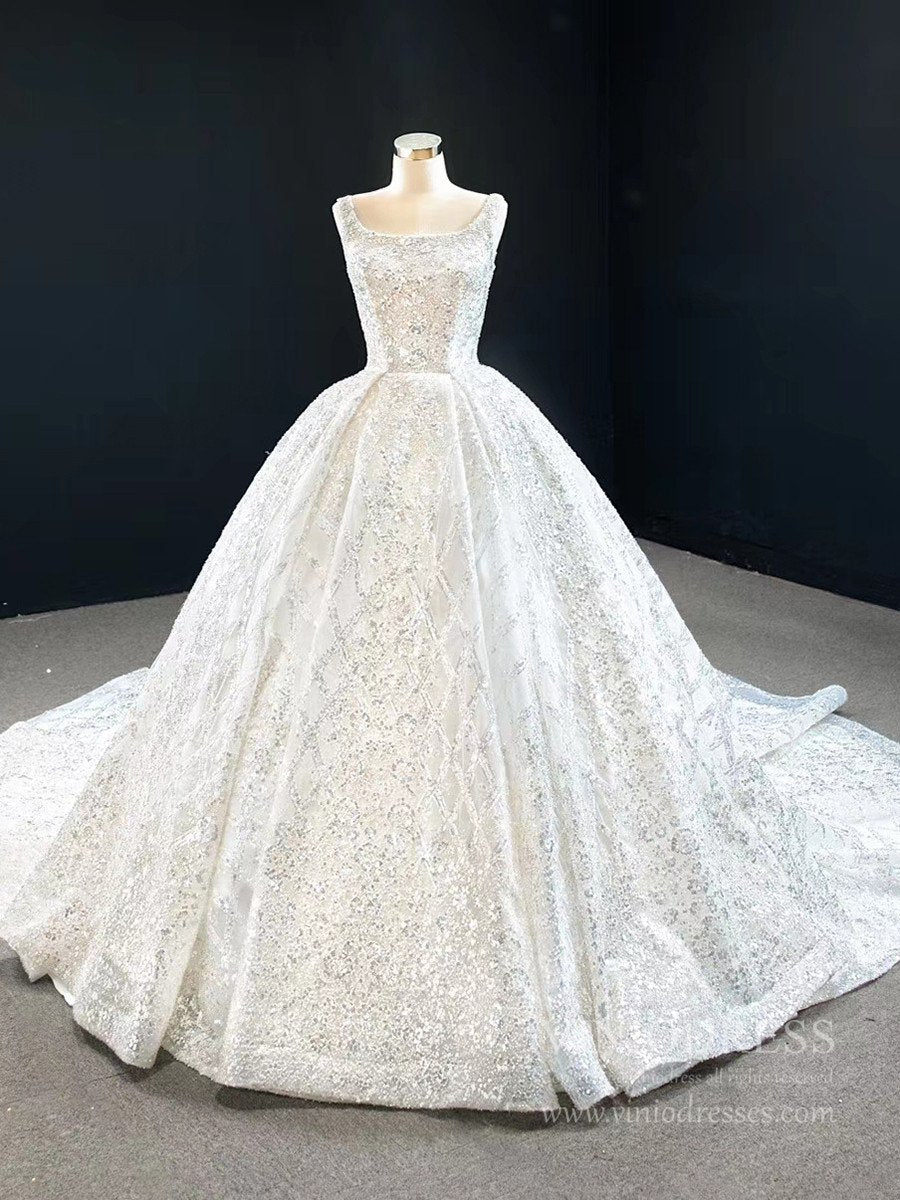Glittery Sequin Wedding Dresses Squre Neck Bridal Gown with Long Tail Viniodress Glittery Sequin Wedding Dresses Squre Neck Bridal Gown with Long Tail Viniodress