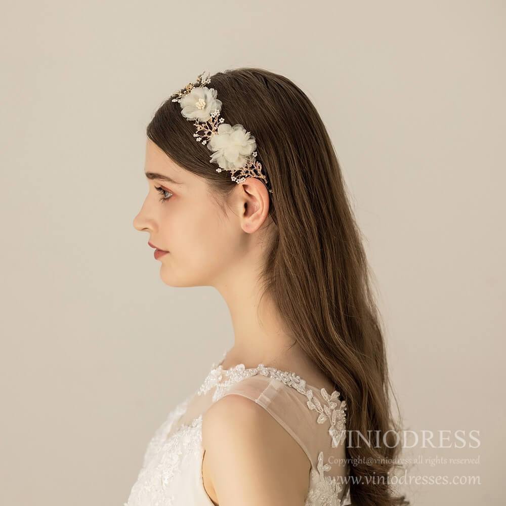 Ivory 3D Floral Wedding Headband AC1222-Headpieces 2025 -Viniodress-Gold-