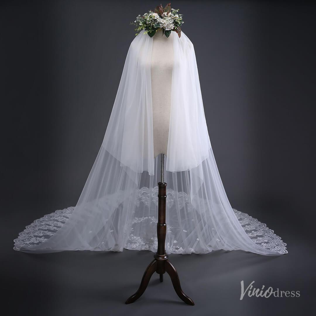 Lace Appliqued Cathedral Veil with Blusher Viniodress TS17135-Bridal Veil 2025 -Viniodress-Ivory-