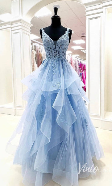 Light Blue Tiered Ruffle Tulle Prom Dresses with Slit FD2993 – Viniodress