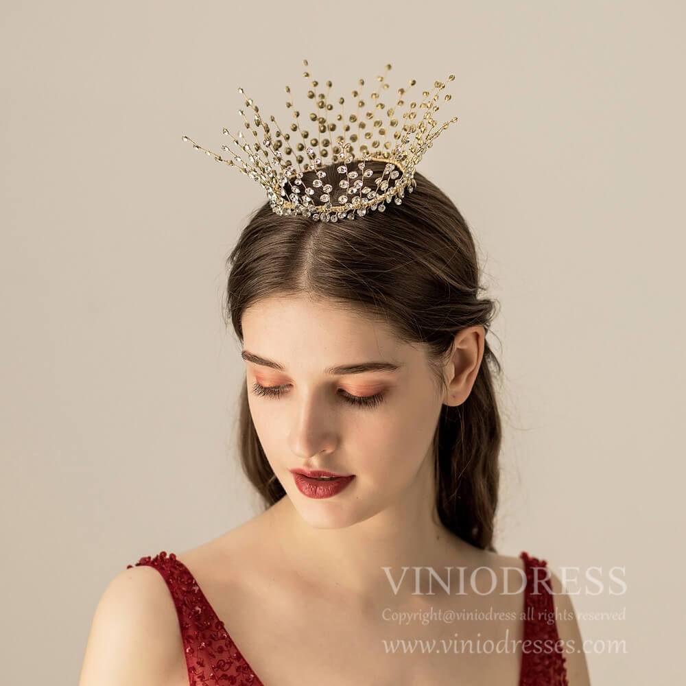 Light Gold Crystal Wedding Circle Crown AC1208-Headpieces 2025 -Viniodress-Gold-