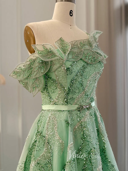 Mint Green Chiffon See-through Off-the-shoulder Lace Evening Dress –  Ballbella