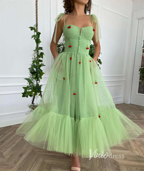 Viniodress Bright Pink Tulle Prom Dress with Pockets Green Leaves Maxi Dress SD1439 Pink / US4