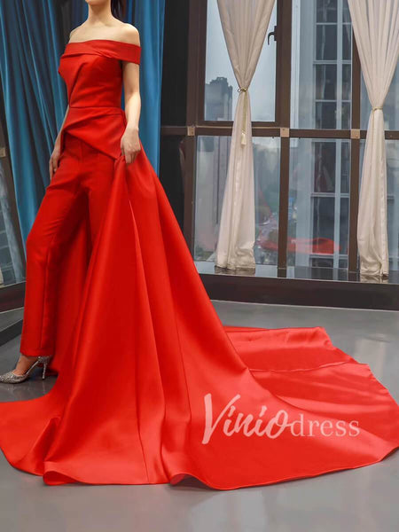 Sexy Red Jumpsuit Prom Dresses Off Shoulder Pearls Jumpsuits Evening Gowns  Pleats Formal Red Carpet Long Special Occasion dress