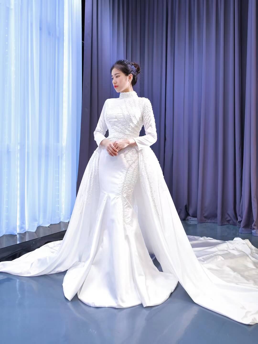 Long Sleeve High Neck Mermaid Wedding Dresses Removable Train 67248 Viniodress Long Sleeve High Neck Mermaid Wedding Dresses Removable Train 67248 Viniodress