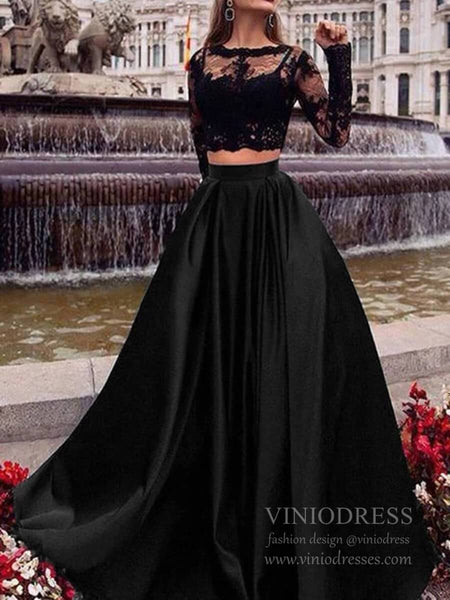 Vestidos de fiesta negros de encaje de dos piezas de manga larga con b –  Viniodress