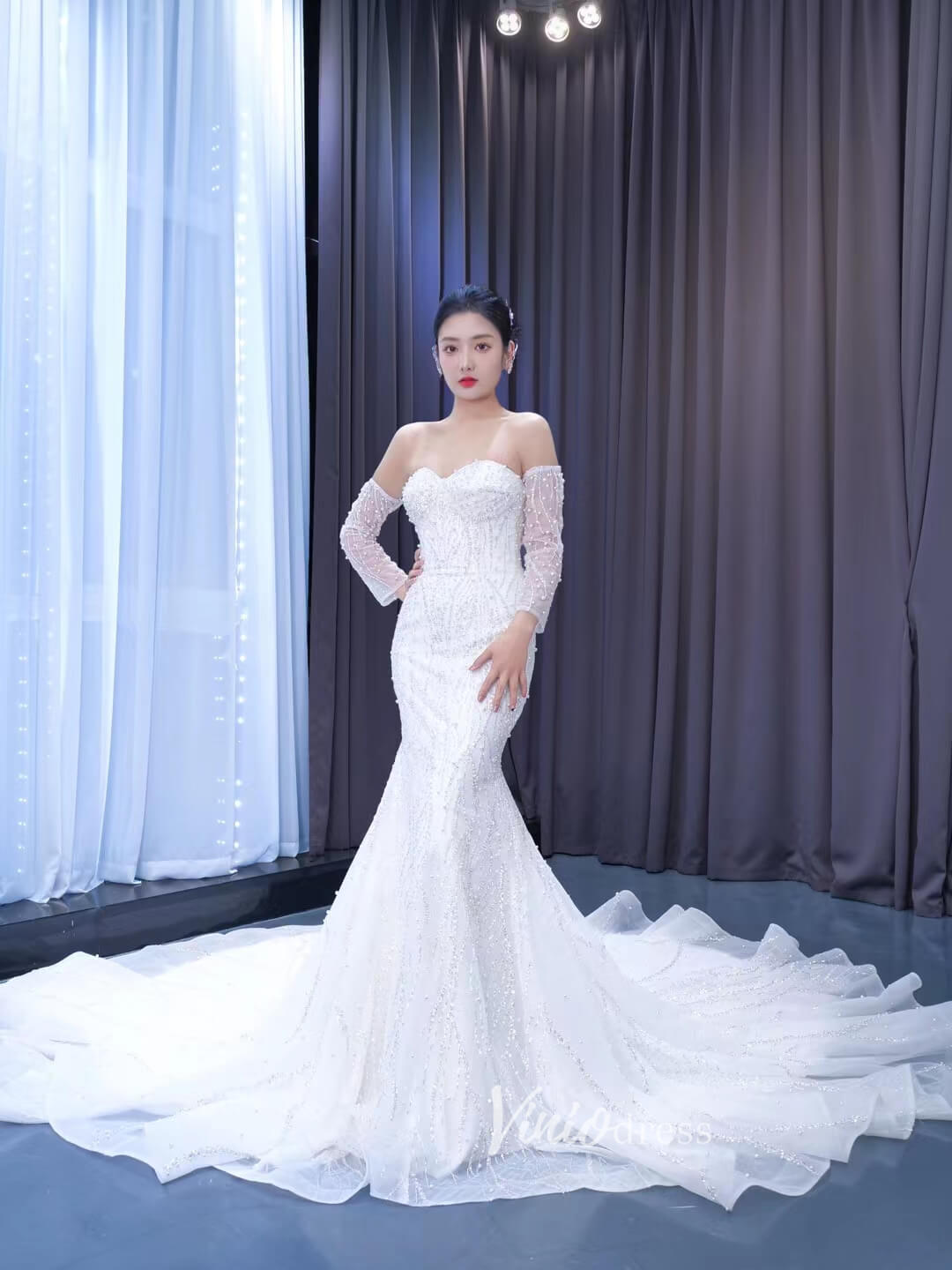 Luxury Beaded Mermaid Wedding Dresses Removable Long Sleeves 222159 –  Viniodress