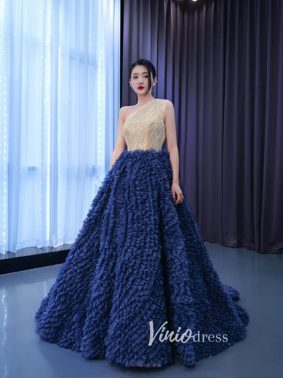 Navy Blue Sweet 16 Ball Gown One Shoulder Ruffle Quince Dresses 67454 –  Viniodress