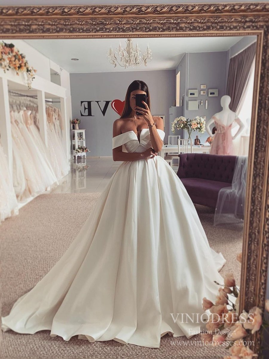 off-the-shoulder satin ball gown wedding dress product info and reviews Off the Shoulder Satin Wedding Dresses Simple Minimalist Wedding Gowns –  Viniodress