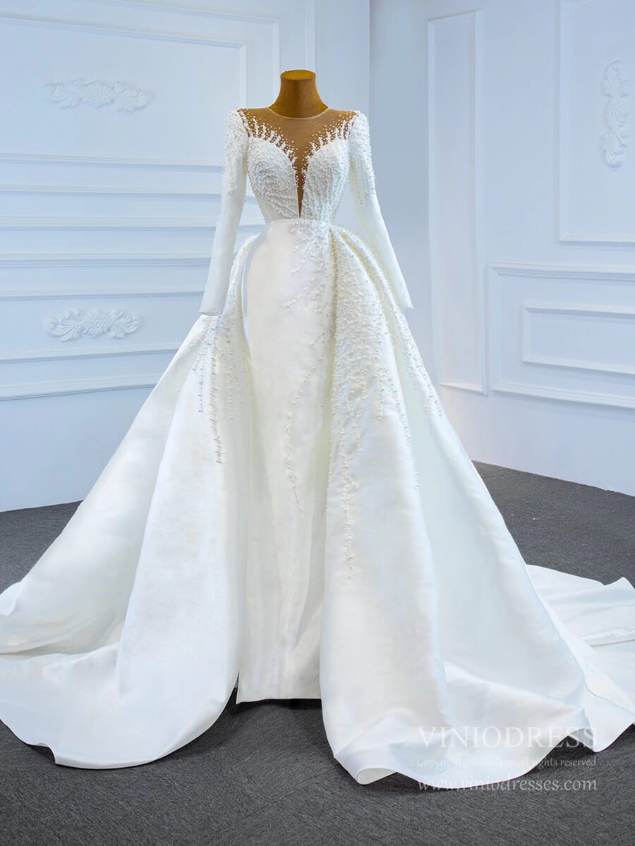 pearl long sleeve white dress Pearl Beaded Satin Wedding Dresses with Long Sleeve 67215 – Viniodress