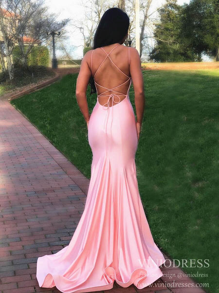 Pink Satin Mermaid Prom Dresses Spaghetti Strap Open Back Evening Dress  FD2122