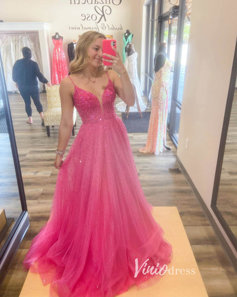 vigocouture Hot Pink Tulle Prom Dresses with Slit Spaghetti Strap Evening Dress 20389 Pink / US12